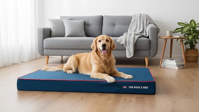 The Dog’s Bed Orthopedic Memory Foam Dog Bed for XXXL Dogs, Waterproof Washable Cover, Anti-Slip Base, Calming Surface – CertiPUR-Certified Foam, Blue with Red Trim, 6 Inch Thick