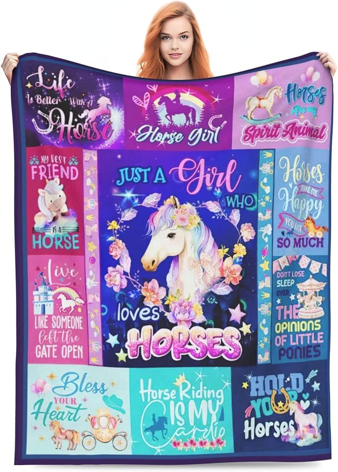 SweetFox Just A Girl Who Loves Horses Blanket, Horse Decor Throw Blanket Gifts for Girls Boys Lovers Super Warm Soft Plush Fleece Flannel Winter Bedding Blankets for Kids Adults Men Women 80"X60"