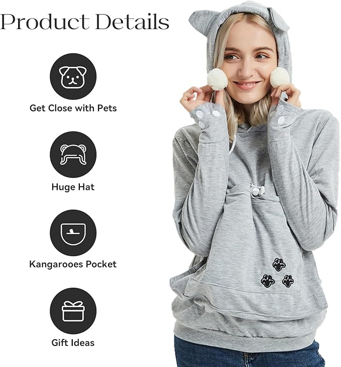 YYW Womens Pet Hoodies Pullover Sweatshirt Oversized Cat Hoodies Pet Holder Cat Dog Pouch Carriers (Gray,XXX-Large)