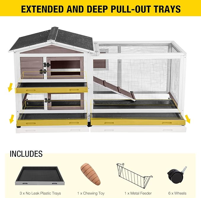 Aivituvin Rabbit Hutch 62" Rabbit Cage Indoor Outdoor Guinea Pig Cage on Wheels Bunny Cage with 3 Deep No Leakage Pull Out Tray,Waterproof Roof (Brown)