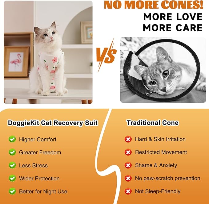 Cat Surgery Recovery Suit, Anti Licking Postoperative Onesie with Roll-Up Design, Soft Breathable Bodysuit Shirt for Female Spay Male Neuter Abdominal Wound Kitten E-Collar Cone Alternative