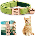 Personalized Non-Breakaway Cat Collar with Name, Luxury Soft Velvet Custom Engraved Name Collar with Bell for Kittens & Cats (Avocado Green, L (7.5-12.5 inches))