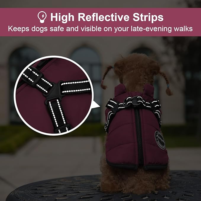 Warm Dog Winter Coat, Dog Cold Weather Jacket with Built-in Harness, Reflective & Adjustable Comfortable Pet Vest, Windproof Apparel for Small Medium Large Dogs (Purple)