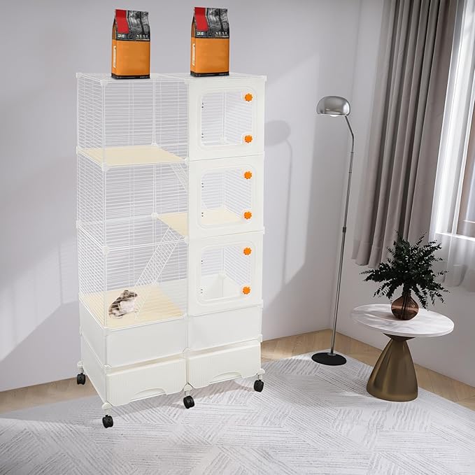 Small Animal Cage, Guinea Pig Cages with Rolling, Durable Front Doors, Chinchilla Cage with Scoop for Rat, Hamster, Guinea Pig, Squirrel (White, 61in)