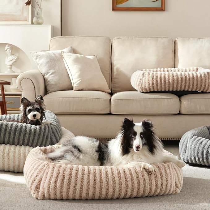 MIXJOY Dog Bed Medium Size Dog, Washable Medium Dogs Bed with Removable Cover, Soft Rectangle Doggy Ded Fluffy Plush Faux Fur Pet Bed with Anti-Slip Bottom, 30"x24"x8", Beige