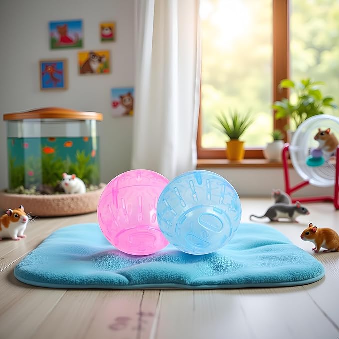 2Pcs Blue and Pink Rotundity Hamster Balls Hamster Ball Transparent Dwarf Exercise Balls Running Wheel Gerbil, Running,Small Animals Silent Motion Wheel Portable and Compact Supplies