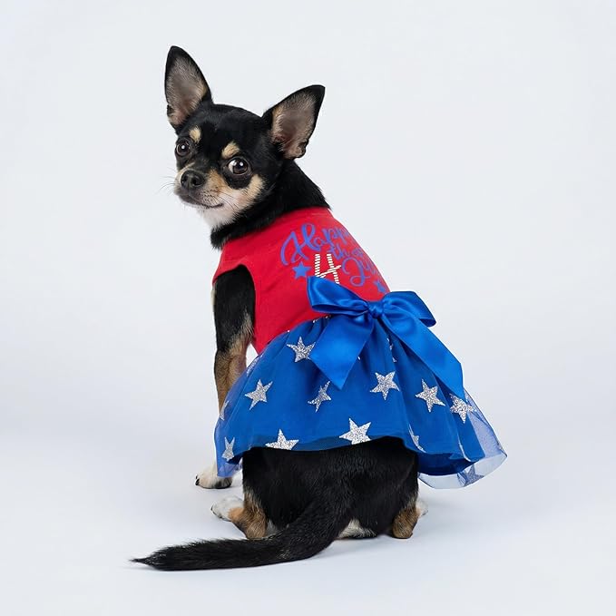 Fitwarm Happy 4th of July Dog Tulle Dress, Patriotic Dog Clothes for Small Dogs Girl, Red and White Star Pet Outfit, Red, Royal Blue, Large