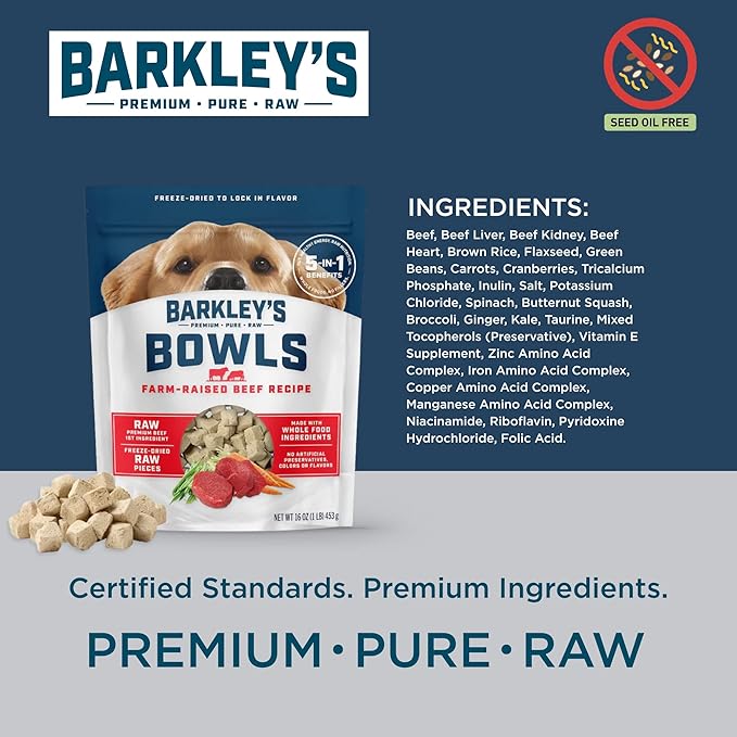Barkley’s Bowls, Freeze-Dried Raw Beef Dog Food, Fresh Whole Food Ingredients with Farm-Raised Beef, Grain Free, High Protein for Balanced Nutrition, Dog Treats or Topper, 16 Oz Bag