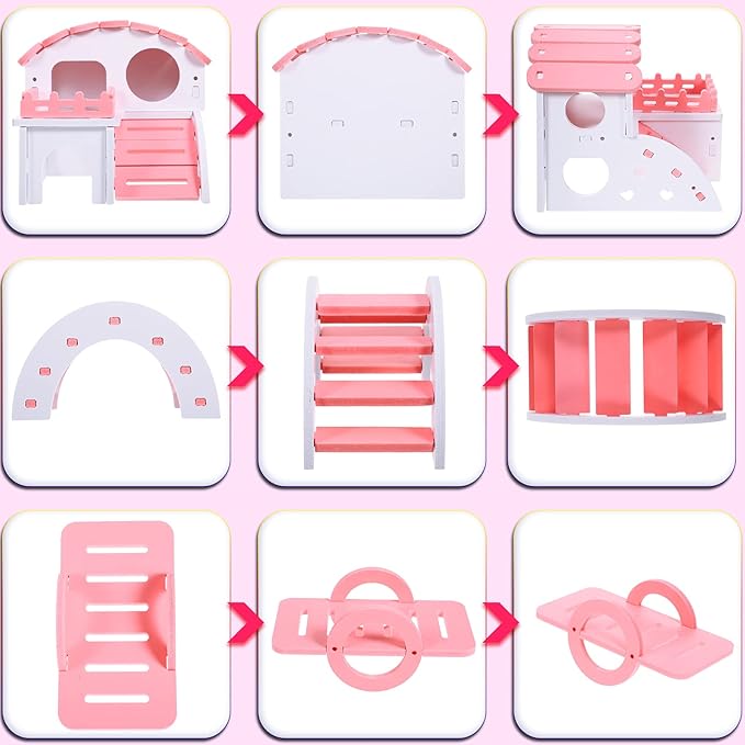 3 Pieces Fun Hamster Guinea Pig Hideout Kit Include PVC Hamster House, Rainbow Bridge, Seesaw DIY Exercise Playhouse for Rats Mouse Small Animals(Small,Pink)