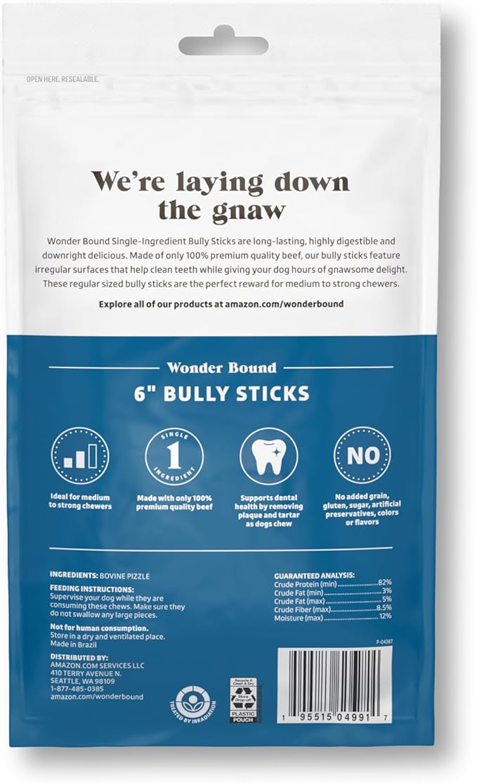 Amazon Brand - Wonder Bound Bully Sticks, All-Natural, Highly Digestible, Long Lasting Dog Beef Treats, 6 inch, (6 Count)