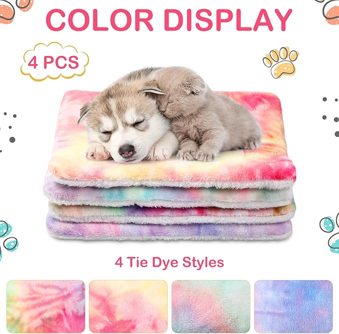 Haull 4 Pcs Waterproof Guinea Pig Bedding Guinea Pig Bed Plush Cage Liners Soft Rabbit Dog Crate Pad Cat Mat Reversible Cozy Animal Pee Pad Hamster Bunny Mat Accessory(Tie Dyed,13 x 18.5 Inch)