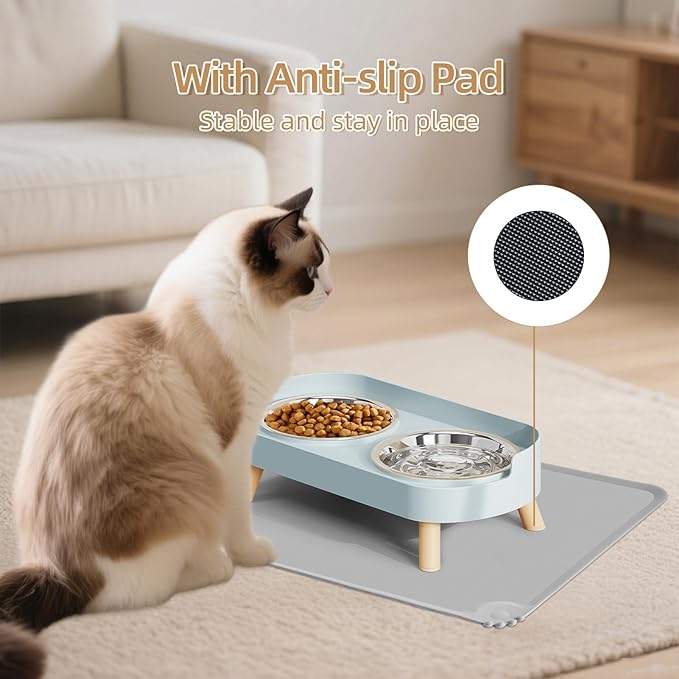 Elevated Cat Bowl with Food Mat, Raised Cat Food and Water Bowl Set for Indoor Cats, Splash Proof with 2 Stainless Steel Pet Food Bowls for Cats and Puppies,Whisker Fatigue and Dishwasher Safe (Blue)