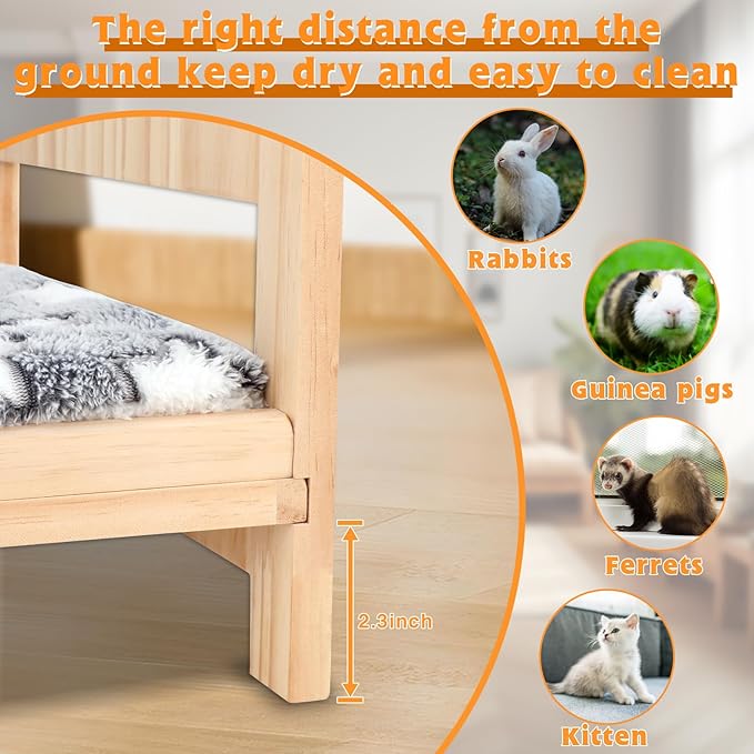 BWOGUE Large Wooden Rabbit Bed, 2 in 1 Folding Wooden Pet Bed with Removable Cushion Small Animals Bed for Rabbits Bunny Guinea Pigs Kittens Puppy Sleeping Habitat (20.5" x 14.3")