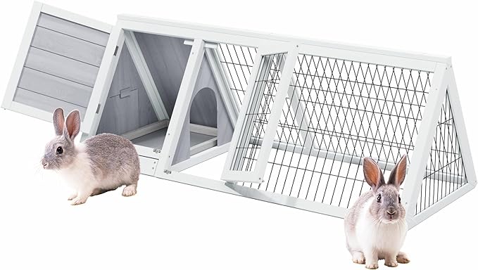 Wooden A-Frame Rabbit Hutch Bunny Cages with Ventilating Wire & 2 Doors Indoor Outdoor Portable Playpen Run House for Chicken Duck Quail Poultry & Small Animals (Grey)
