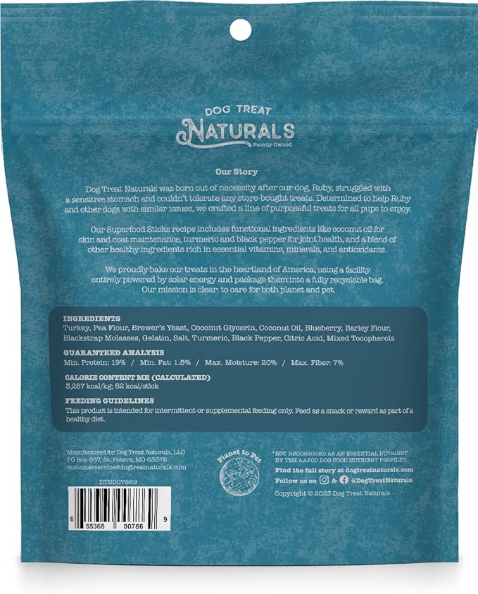 Dog Treat Naturals Superfood Sticks, Turkey & Blueberry, 6oz Bag | Dog Chew Sticks | All-Natural, Pet Training Treats | Joint-Skin-Coat Health | USA Made