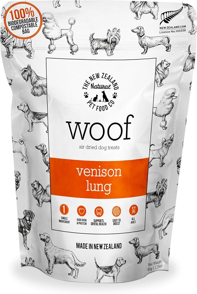 The New Zealand Natural Pet Food Co WOOF Air Dried Dog Treats - Venison Lung, Treats for Large Dogs, Natural, Topper - 1.76 oz