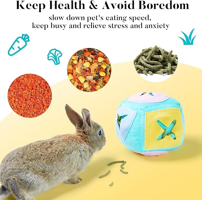 2pcs Large Rabbit Foraging Toy with Bell & Natural Rabbit Scratching Pad, Washable Puzzle Feed Game with Soft Cotton Rope Mat for Indoor Bunnies