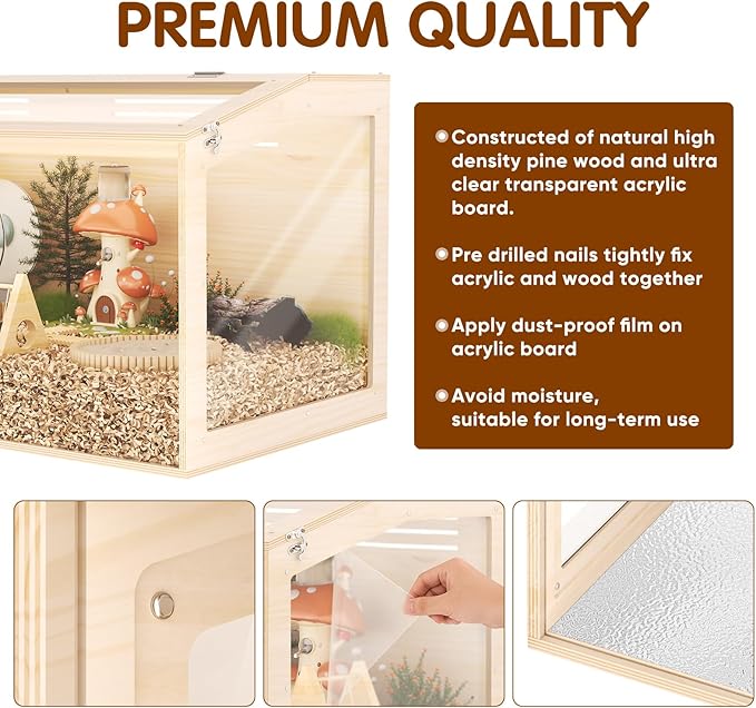 Wooden Hamster Cage, 48inch Large Hamster Cage Enclosure with Openable Top & Thickened Acrylic for Small Animals, Guinea Pig, Rabbit, Rat, 48"L x 20''W x 20''H Hamster Habitat with Multi-vent