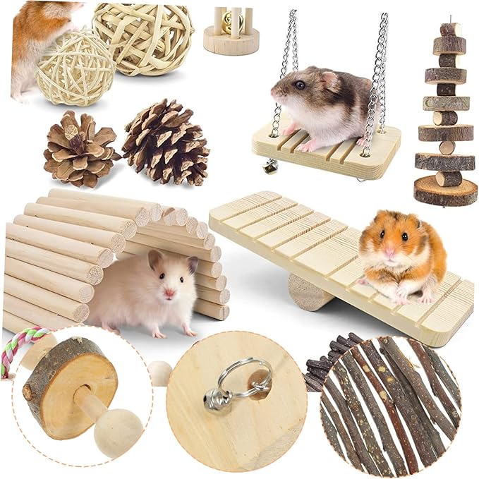 Totority Small Animal Chew Toy Set with Carrot Grass Balls and Bunny Swing Seesaw Durable Natural Teething Toys for Hamsters Guinea Pigs Rabbits and Small Pets