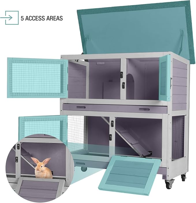 Suumerpety 2-Tier Wooden Rabbit Hutch Indoor Bunny House Guinea Pig Cage with Sliding Plastic Trays Wheels for Easy Cleaning Ventilation Design and Mobility, 36 Inch Small Animal Home (Grey, M)