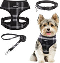 SCENEREAL No Pull Dog Harness Collar and Leash Set Small Medium Sized Dog, Soft Mesh Puppy Harnesses, No Chock Plaid Adjustable Pet Vest for Outdoor Walking Training and Running, Black XS