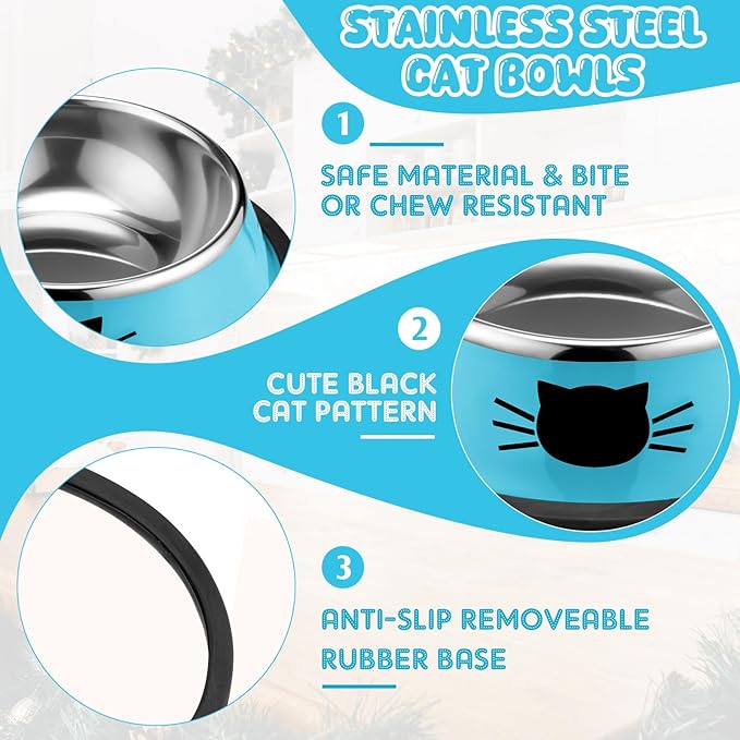 Amylove 6 Pcs Cat Bowls for Food and Water Cat Dishes Stainless Steel Pet Food Bowls 7 oz Anti Slip Metal Pet Dish with Removable Rubber Base Thick for Feeding Indoor Kitten Small Dog (Rainbow Color)