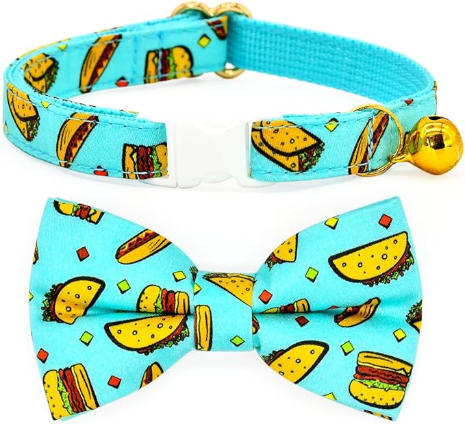 Taco Cat Collar Bow Tie, Breakaway Safety Collar, Wedding/Birthday Cat Accessories, Adjustable Bowtie, Removable Jingle Bell