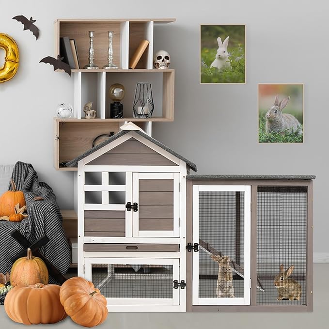 Gowoodhut 48" L Rabbit Hutch Indoor Outdoor Rabbit Cage with Run, Pull Out Tray, Asphalt Roof Large 2 Story Bunny Hutch Wooden Chicken Coop Guinea Pigs Pet House Cage for Small Animals(Grey)