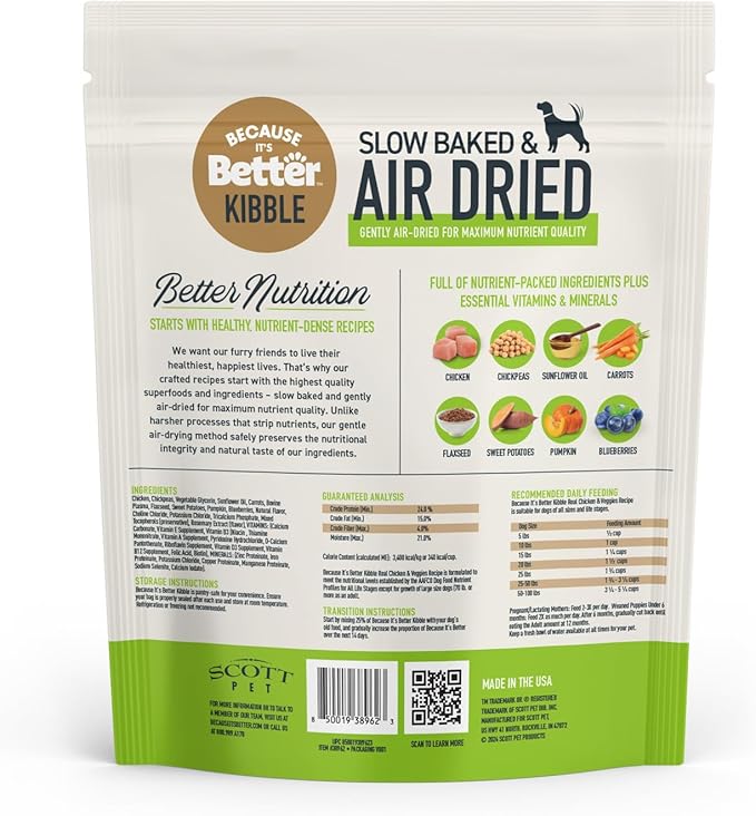 Because It’s Better Slow Baked & Air Dried Dog Food - Real Chicken & Veggies - Complete & Balanced Dry Dog Food - Grain Free, High Protein, Natural Nutrition for All Life Stages, 3 lb Bag