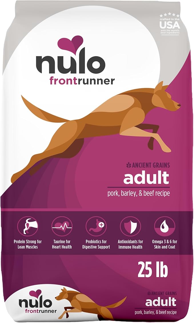 Nulo Frontrunner Dry Dog Food - Adult High-Protein Pork, Barley & Beef Recipe, Natural Kibble with Ancient Grains, Probiotics, Taurine, Omega 3 for Small, Medium and Large Breeds, 25lb Bag
