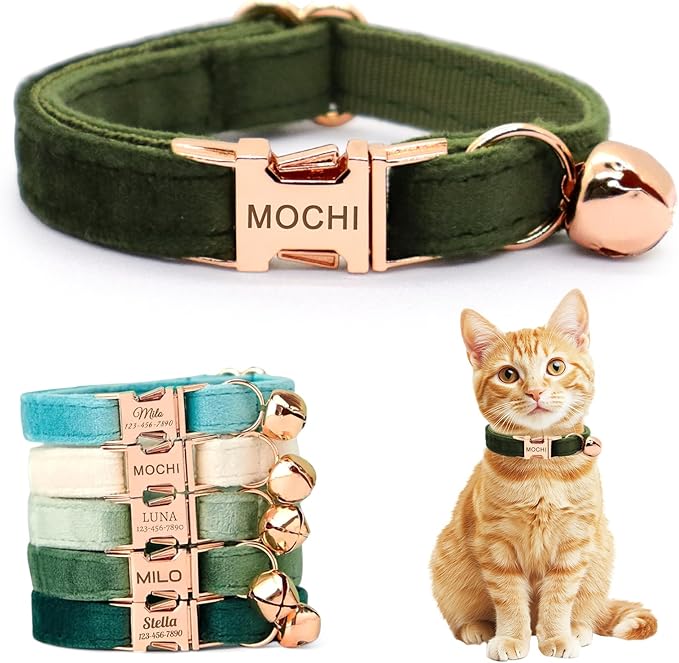 Personalized Non-Breakaway Cat Collar with Name, Luxury Soft Velvet Custom Engraved Name Collar with Bell for Kittens & Cats (Olive Green, L (7.5-12.5 inches))