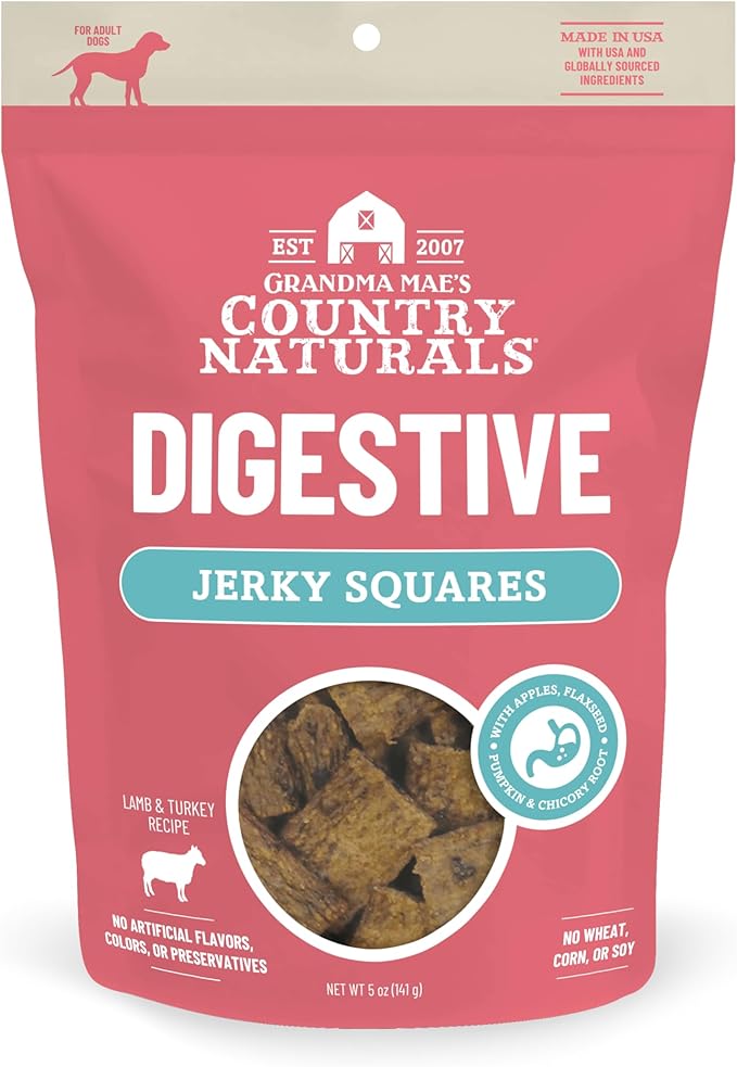 Grandma Mae's Country Naturals Jerky Squares Digestive Dog Treats, Lamb & Turkey with Apples, Flaxseed, Pumpkin & Chicory Root, No Wheat, Corn, or Soy, Made in USA, 5 oz