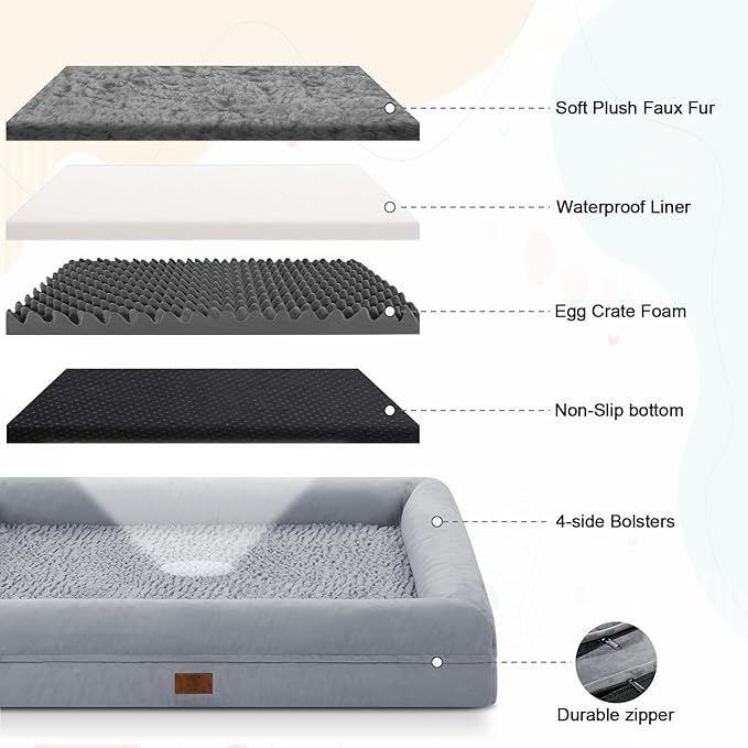 XL Orthopedic Dog Bed for Large Dogs, Big Waterproof Dog Bed with Removable Washable Cover, 4-Sides Removable Bolster Pet Couch Sofa with Non-Slip Bottom, Grey