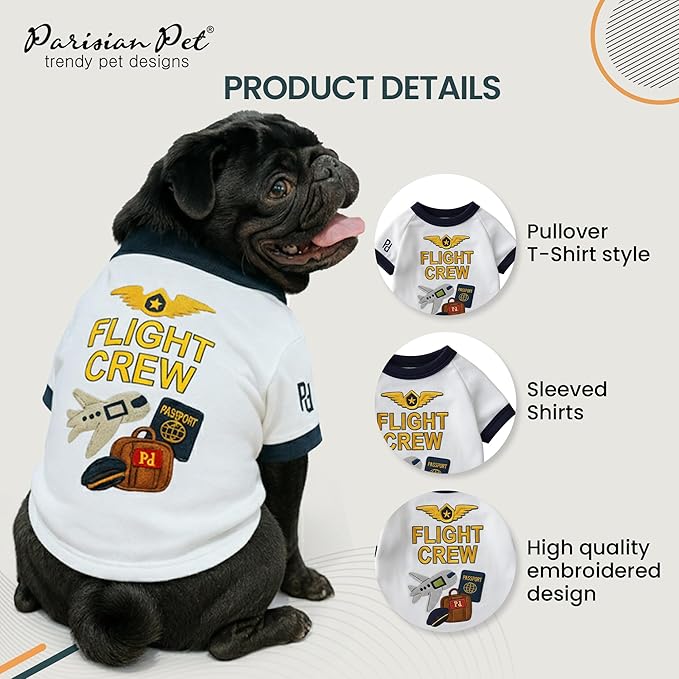 Parisian Pet Dog Flight Crew Shirt - Embroidered Pet Vest - 100% Cotton & Polyester Doggy Shirt - Lightweight Pet Clothes - Sleeved Puppy Costume - White Shirts for Large Dogs - 2XL