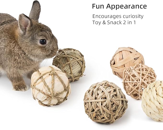 Natural Bunny Chew Toys Funny Safe Hay Grass Ball for Chinchilla Guinea Pig Rats Rabbits Hamster Gerbil Degu (6PC)