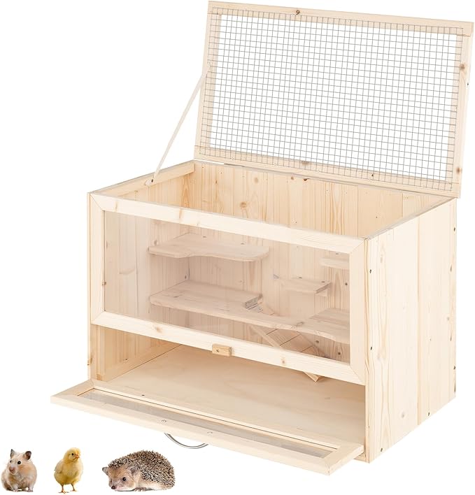 PETSITE Hamster Cage Chewproof, Wooden Hamster Habitat Playpen with Mesh Flip Roof, Multiple Ladder Areas, Ramp Design, Acrylic Panel, and Lockable Door, 23.5 x 14 x 16.5 Inches (L x W x H)