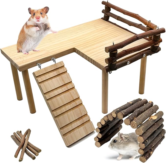 Wooden Hamster Platform with Fence, Large Syrian Hamsters Standing Platforms with Legs Wood Syrian Hamsters Playing Toy Standing Table Gerbil Cage Accessories