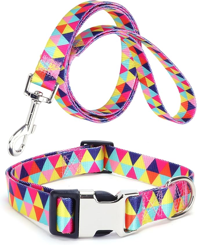 Dog Collar and Leash Set, Pretty Design Print Colorful Geometric Triangle Pet Collars for Small Medium Large Breed Female Dogs Girls Cats, L