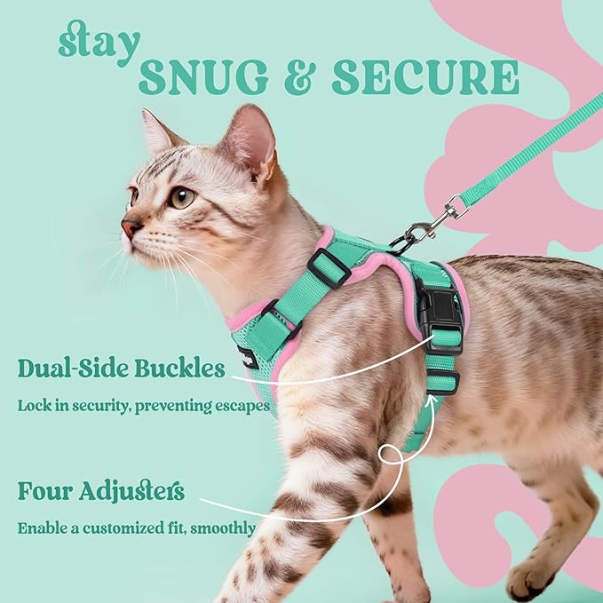 rabbitgoo Cat Harness and Leash for Walking, Escape Proof Soft Adjustable Vest Harnesses for Cats, Easy Control Breathable Reflective Strips Jacket, Green&Pink, XXS