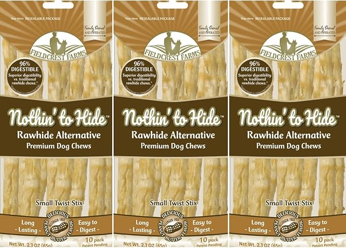 Fieldcrest Farms Nothing to Hide Natural Rawhide Alternative Twist Stix for Dogs - 3 Pack (30 Sticks) Premium Grade Easily Digestible Chews - Great for Dental Health (Peanut Butter, Small Stix)