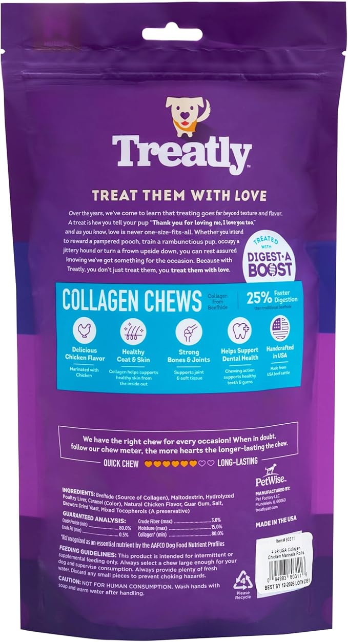 USA Collagen Rolls 6-7" Dog Chew Treats - Chicken Marinade Flavor, 4 Count/1 Pack