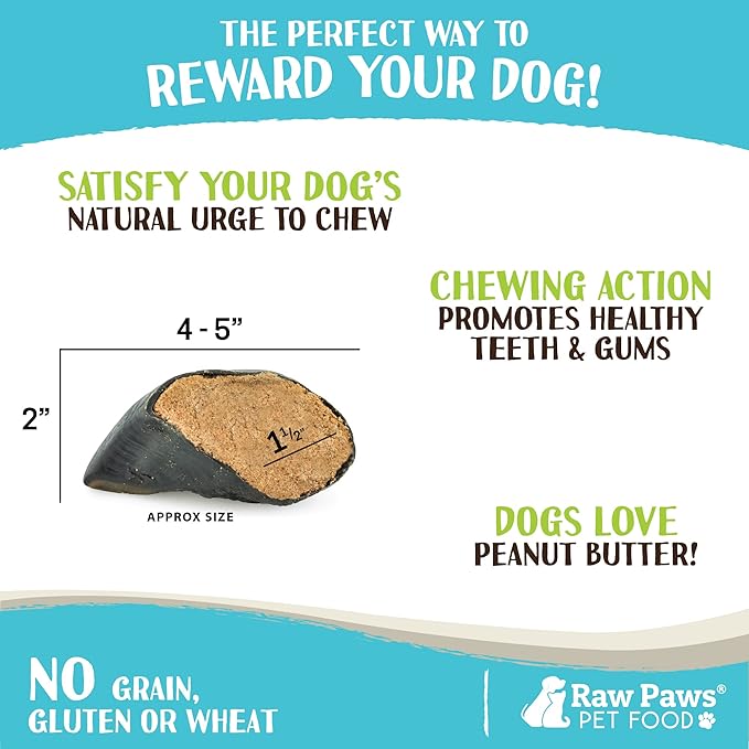 Raw Paws Filled Cow Hooves for Dogs - Peanut Butter Flavor, (5-Count) Natural Beef, Free Range Cow Hooves - Peanut Butter for Dogs - Stuffed Cow Hoof Dog Chews