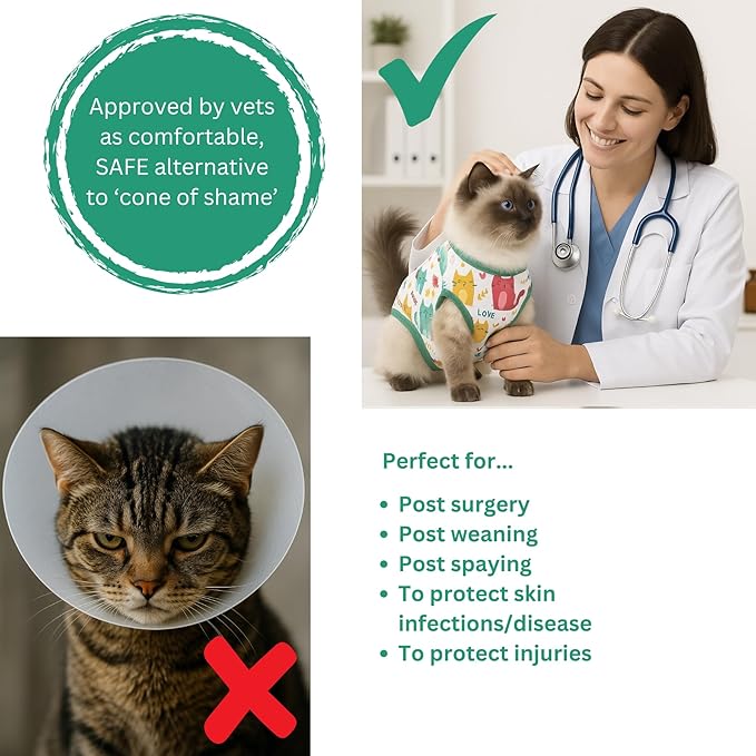 Cat Recovery Suit Surgical Onesie - Post Surgery - Soft Breathable Fabric - No-Cord Design - Protects Wounds and Skin After Spay or Neuter - Male and Female Cats | Medium