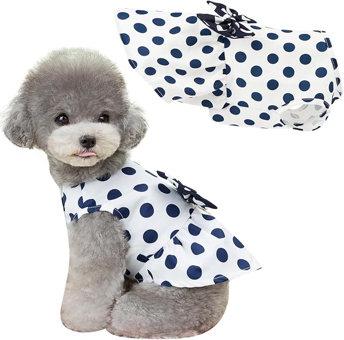 Cute Polka Dots Cat Small Dog Dress with Bow Tie Summer Clothes with D-Ring on The Back for Puppy Cat(White with Navy Dots, Medium)