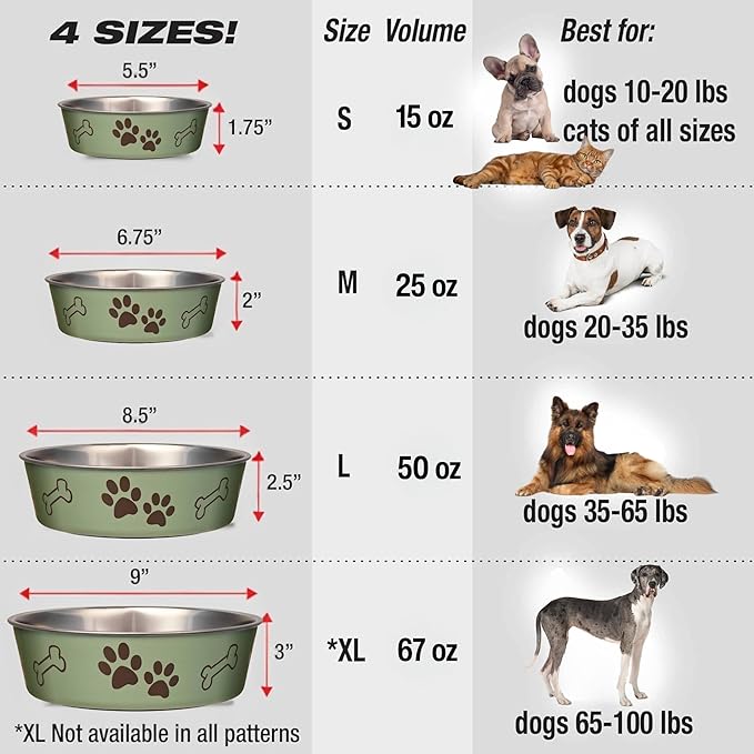 Loving Pets Bella Dog Bowls- Stainless Steel Dog & Cat Bowls - Spill Proof Dog Food Bowl, Cat Bowl, Puppy Essentials & Pet Supplies Great for Home & Travel (Medium 20-35 lbs, Artichoke)