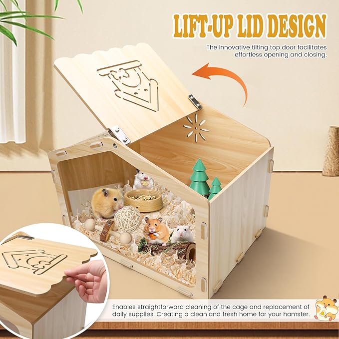Wood Hamster Cage, 15.7×11.8×11.8in House-Shaped Hamster Enclosure with Transparent Design, Small Pet House for Dwarf Hamsters, Gerbils and Baby Fancy Rats, Gerbil Accessories (15.7×11.8×11.8 in)