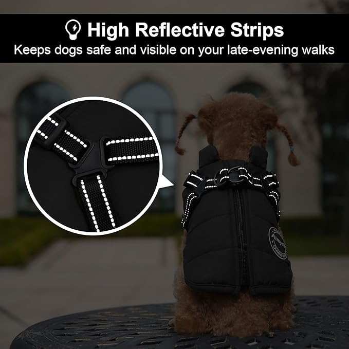 Warm Dog Winter Coat, Windproof Cold Weather Jacket, Reflective & Adjustable Black Pet Vest with Harness, Thick Polar Fleece Lining Cozy Apparel for Small Medium Dogs & Cats