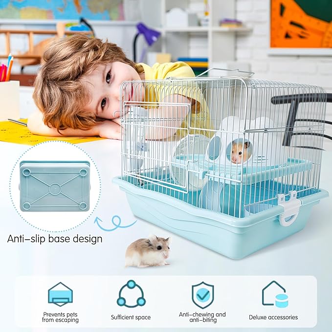 PINVNBY Dwarf Hamster Cage, Small Animal Cages, 2-Tier Travel Portable Mouse Cage Hamster Carrier with Castle House Running Exercise Wheels, Water Bottle and Food Dish（Blue）