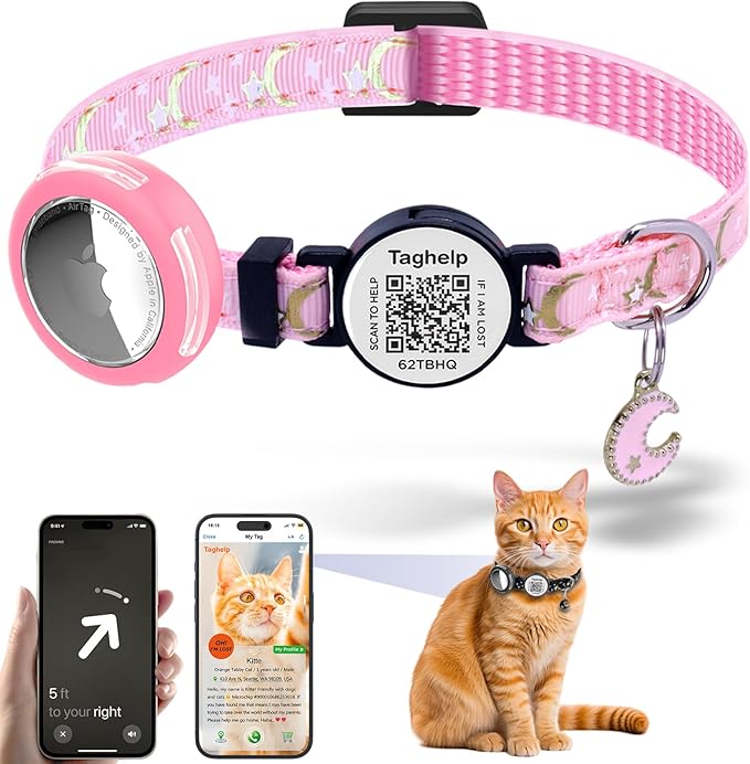 Waterproof Airtag Cat Collar, Breakaway with Stars and Moon with AirTag Holder for Apple. Solid & Safe, Pet Collar, Smart ID tag Cat Collar, Scan QR for Instant Location Alerts.NO APP (Pink B)