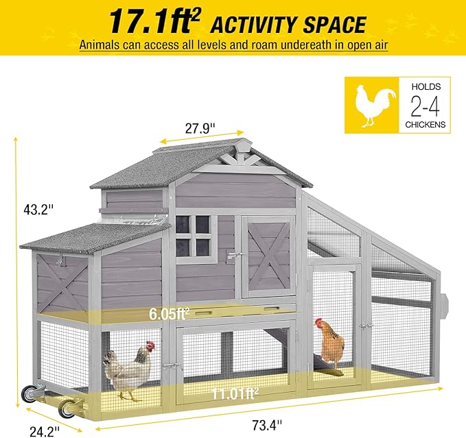 Aivituvin Chicken Coop Mobile Chicken House on Wheels Expandable Wooden Poultry Cage with Large Nesting Box Leakproof Pull-Out Tray Rabbit Hutch Bunny Cage,UV-Resistant Roof (Grey，AIR32)
